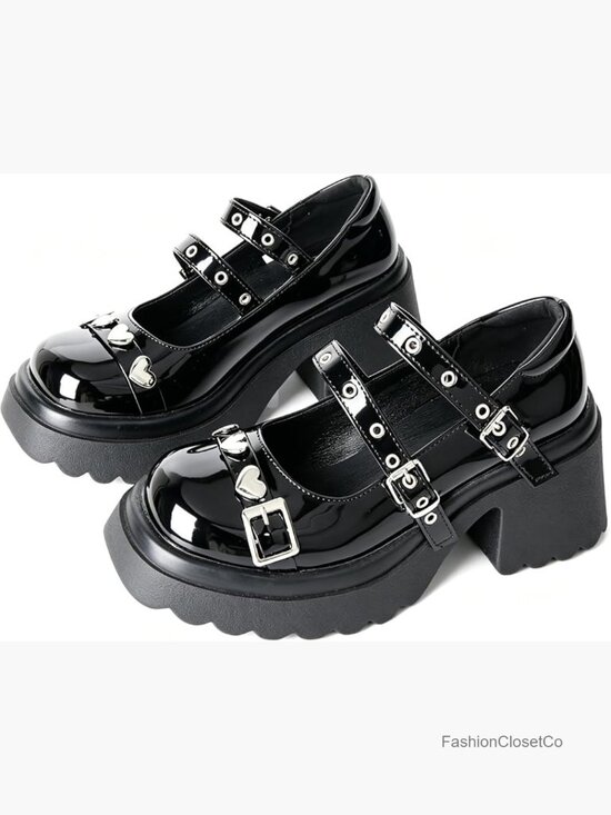 Shoes - Platform Mary Janes Chunky Heels Goth Lolita Cosplay Y2K Ankle Buckle Strap